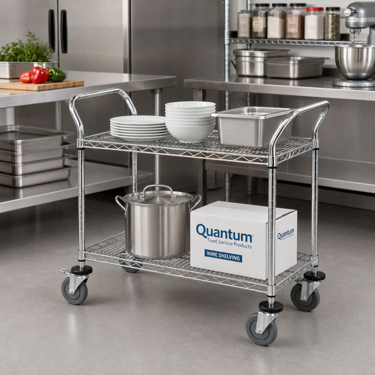 Product image #2 for Quantum Chrome Plated Wire Utility Bus Cart with 2 Shelves, 36 x 18 Inches