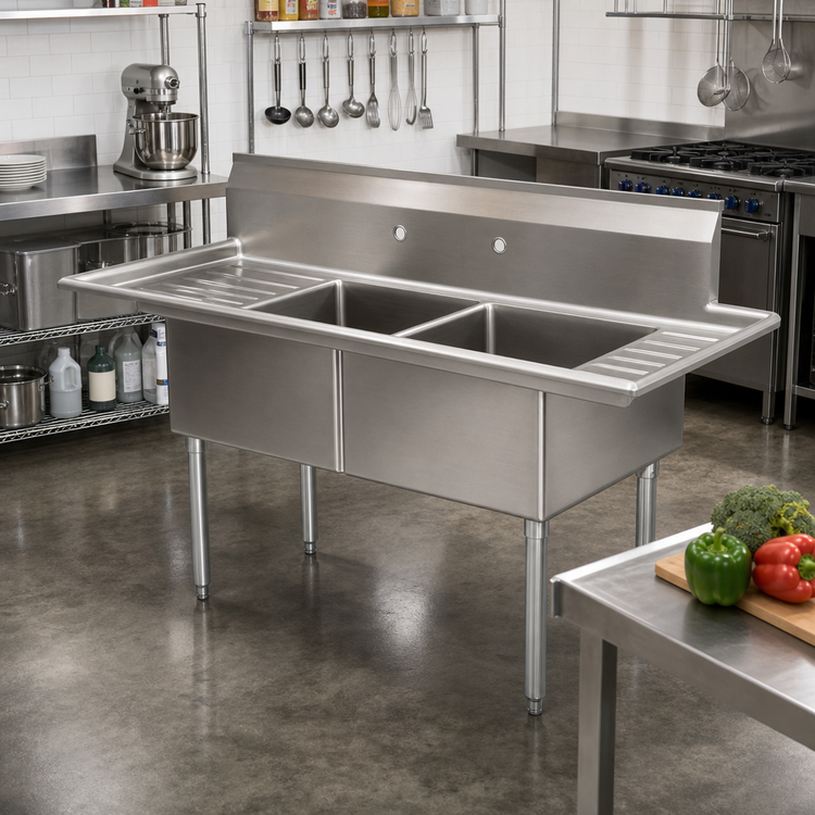 Product image #2 for 72-Inch Freestanding 2-Compartment Pot Sink with Left and Right Drainboards