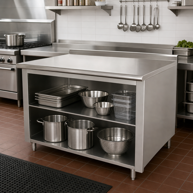 Product image #2 for Advance Tabco 96 Inch x 24 Inch Open Front Cabinet Base Work Table with Mid-Shelf, 14 Gauge 304 Stainless Steel Top and 1-1/2 Inch Rear Up-Turn