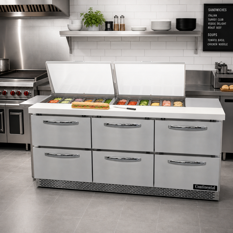 Product image #2 for Mighty Top SW72N24M-FB-D 72" Three-Section Refrigerated Sandwich Prep Table with Drawers