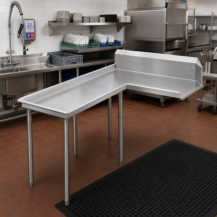 Product image #2 for Advance Tabco 107-Inch L-Shaped Island Clean Dishtable, Left Mount, 10-1/2-Inch Backsplash