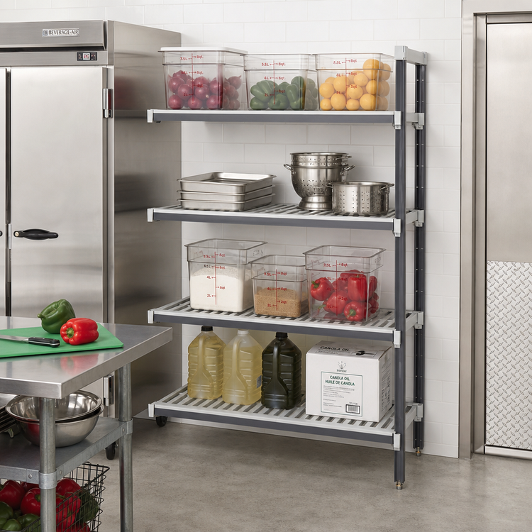 Product image #2 for Cambro Camshelving Elements XTRA Stationary Add-On Vented Polymer Shelving Unit, 18 x 48 x 72 Inches, 4-Tier, Speckled Gray