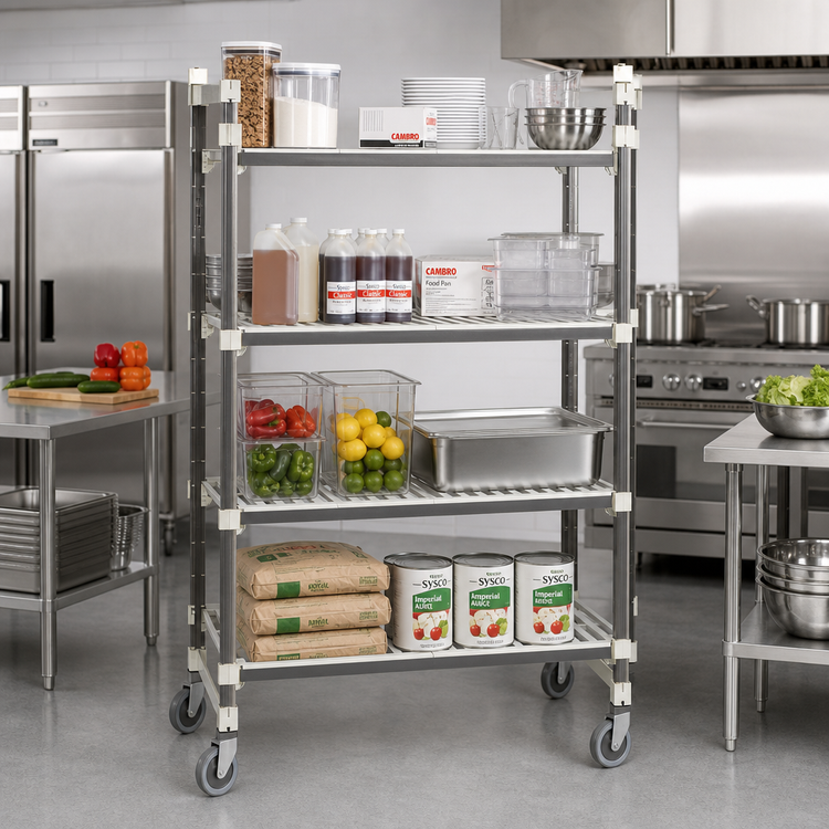 Product image #2 for Cambro Camshelving Elements XTRA 18" x 60" x 80" 4-Tier High Density Top Rail Mobile Starter Unit, Speckled Gray