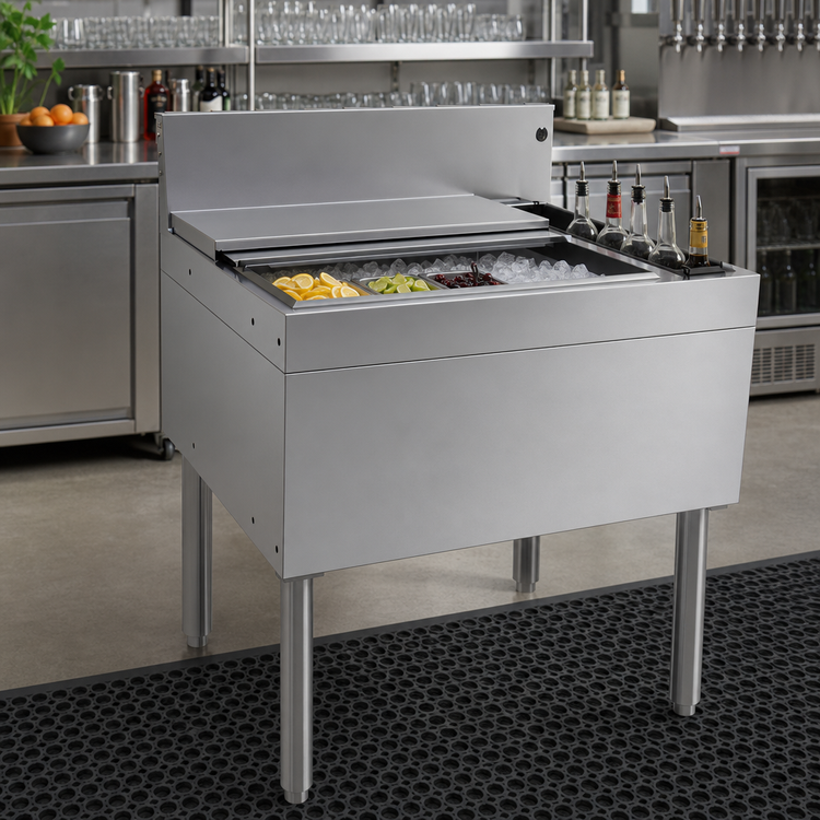 Product image #2 for Glastender 30-Inch Underbar Combo Ice Bin/Cocktail Unit with 10-Circuit Cold Plate and Right-Side 4-Bottle Storage