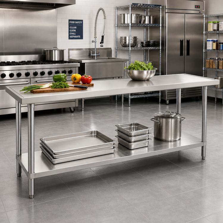 Product image #2 for Advance Tabco 108 Inch x 30 Inch 14-Gauge 304 Stainless Steel Work Table with Galvanized Undershelf and Non-Drip Edge