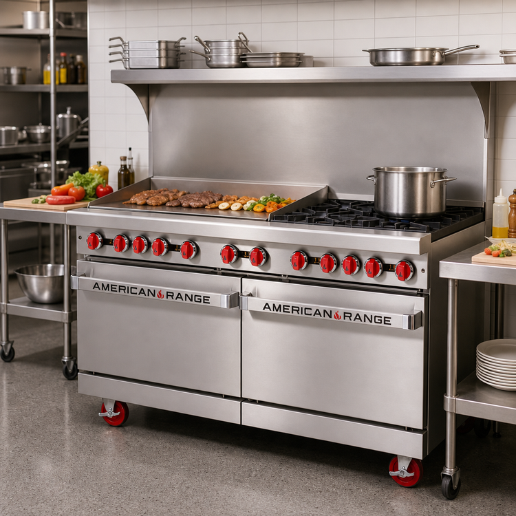 Product image #2 for American Range 60-Inch Gas Restaurant Range with 48-Inch Griddle, 2 Open Burners, and Dual Storage Bases