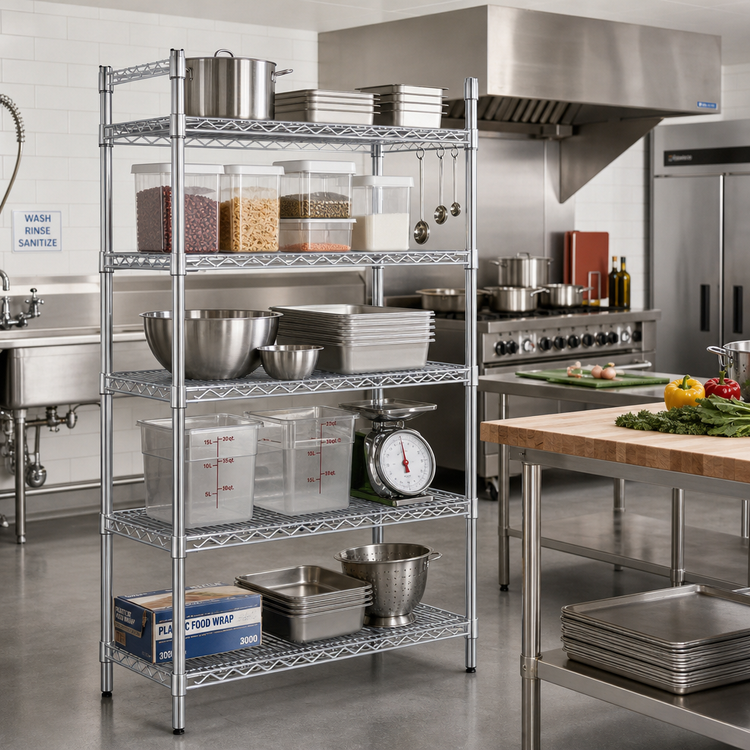 Product image #2 for Stationary Heavy Duty 5-Tier Chrome Wire Shelving Unit, 18 x 48 Inches, 800 lb. Capacity