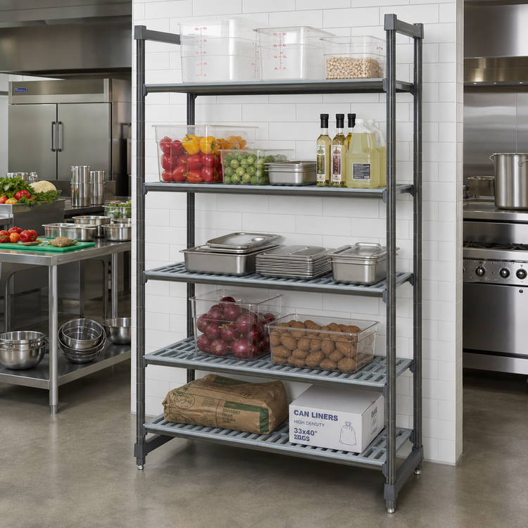 Product image #2 for Cambro Camshelving Basics Plus 5-Tier Vented Stationary Polymer Shelving Starter Unit, 60 x 18 x 72 Inch, Brushed Graphite