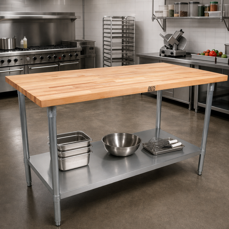 Product image #2 for John Boos 108 Inch x 30 Inch Wood Top Work Table with 2-1/4 Inch Northern Hard Rock Maple Top and Stainless Steel Undershelf