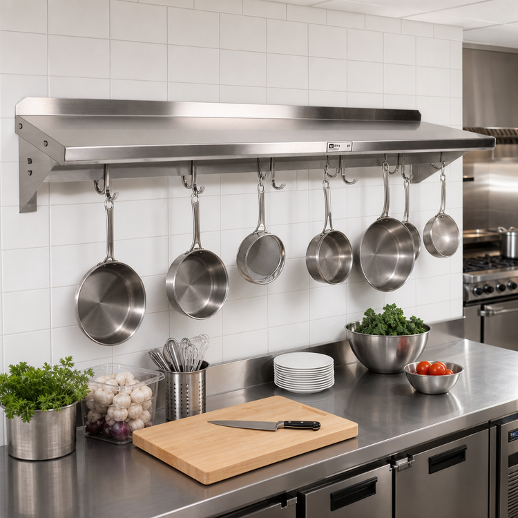 Product image #2 for John Boos Stallion Wall-Mount Stainless Steel Pot Rack Shelf with 8 Hooks, 96 Inch x 18 Inch
