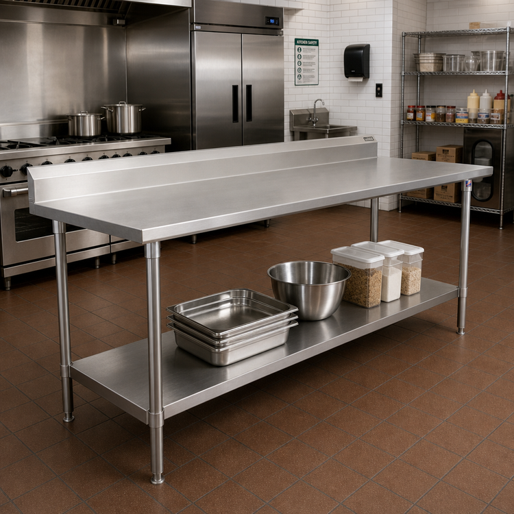 Product image #2 for John Boos Stallion 120-Inch x 30-Inch Stainless Steel Work Table with 5-Inch Backsplash and Fixed Undershelf