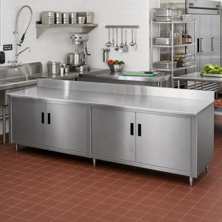 Product image #2 for Advance Tabco Special Value Economy Enclosed Work Table with Cabinet Base, Mid-Shelf, Hinged Doors, 120 x 24 Inch, 16-Gauge 304 Stainless Steel Top, 5-Inch Backsplash