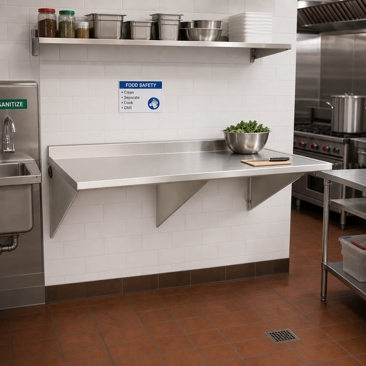 Product image #2 for Eagle Group Wall-Mount 14-Gauge 304 Stainless Steel Work Table with Box Marine Edge and 4-1/2 Inch Backsplash, 72 x 30 Inches