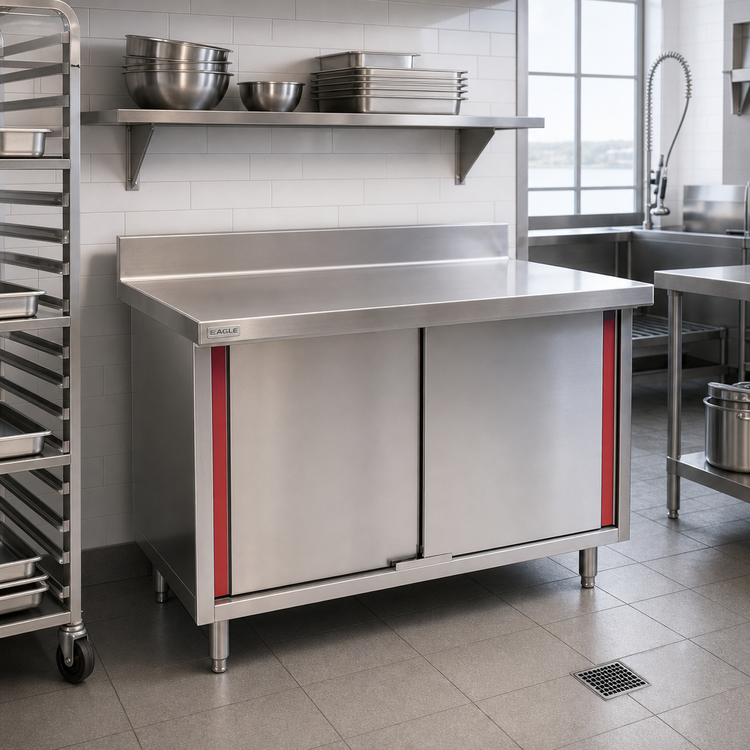 Product image #2 for Eagle Group Spec-Master Marine Series Enclosed Work Table with Cabinet Base and Hinged Doors, 48 x 30 Inch, 14/304 Stainless Steel Top, 4-1/2 Inch Backsplash