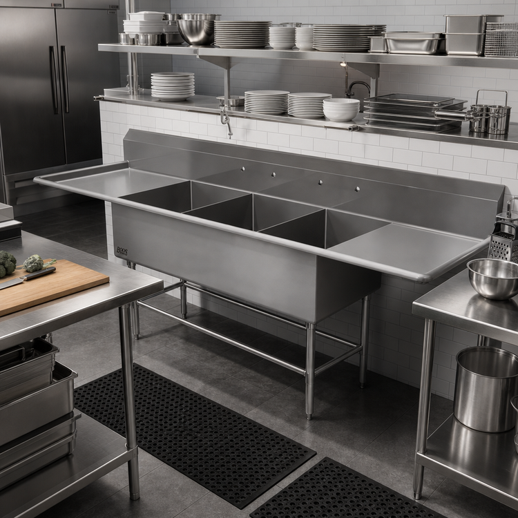 Product image #2 for John Boos Pro-Bowl 3-Compartment Commercial Stainless Steel Sink with Dual 36-Inch Drainboards and 14-Inch Deep Bowls