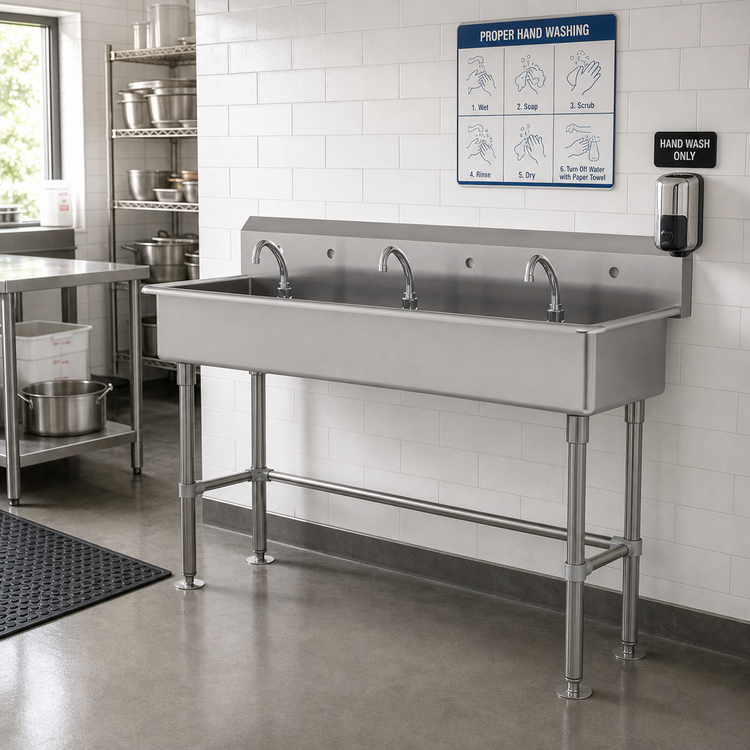 Product image #2 for Advance Tabco 60-Inch 3-Station Freestanding Multiwash Hand Sink with Backsplash and Basket Drain