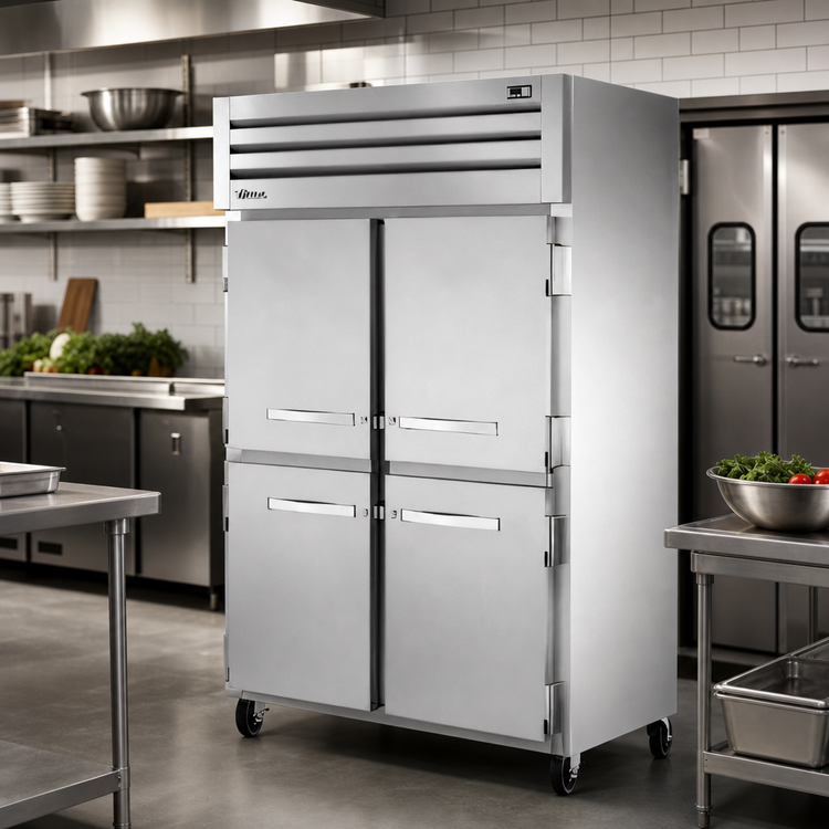 Product image #2 for True Spec Series Two-Section Stainless Steel Pass-Thru Reach-In Refrigerator with 4 Front Half Doors and 2 Rear Swing Doors