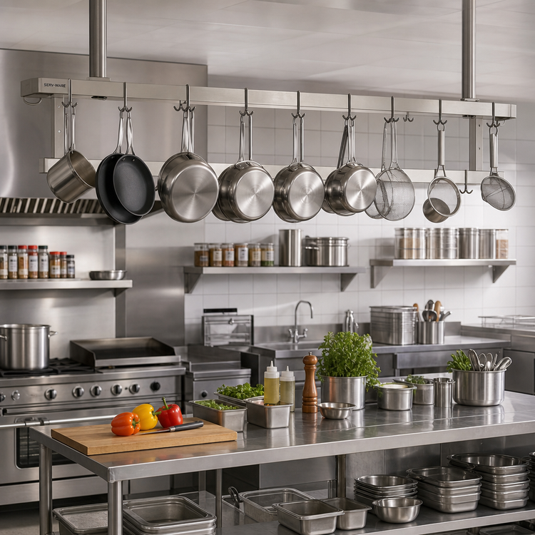Product image #2 for Serv-Ware 60-Inch Stainless Steel Double Bar Pot Rack with 10 Double Hooks