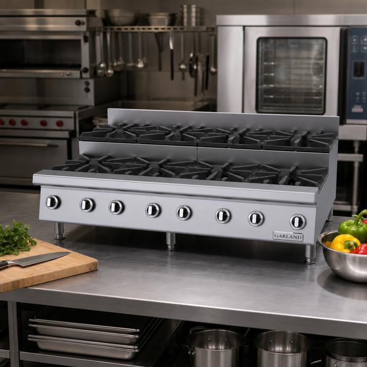 Product image #2 for Garland Starfire 48 Inch Stainless Steel Heavy-Duty Gas Step-Up Hot Plate, 8-Burner Countertop