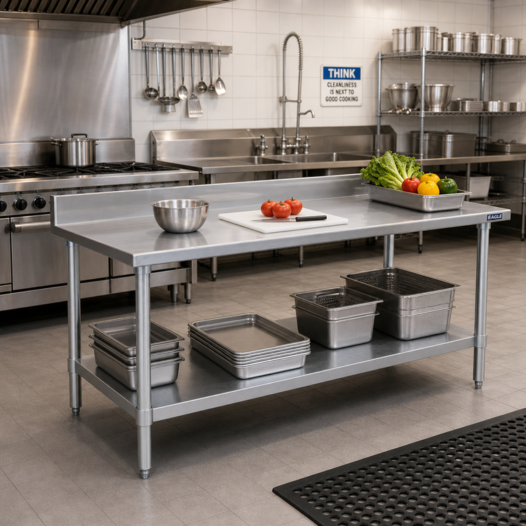 Product image #2 for Eagle Spec-Master 120-Inch x 30-Inch Stainless Steel Work Table with 4-1/2-Inch Backsplash and Adjustable Undershelf