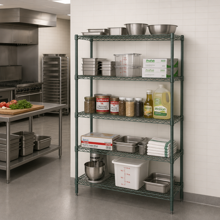 Product image #2 for Quantum 72"W x 21"D x 86"H Wire Shelving Starter Kit, 5 Shelves, Green Epoxy