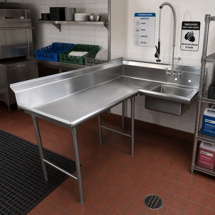Product image #2 for Advance Tabco Korner L-Shaped Left-Hand Soil Dishtable with Pre-Rinse Sink, 95 Inch, 304 Stainless Steel