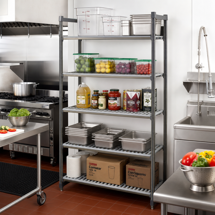 Product image #2 for Cambro Camshelving Basics Plus 5-Tier Stationary Starter Unit, 21 x 54 x 84 Inches, Vented, Brushed Graphite