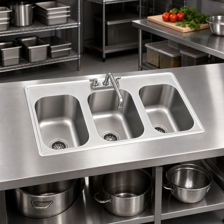 Product image #2 for Eagle Group Self-Rimming Three-Compartment Drop-In Sink with 14 x 16 x 9.5-Inch Bowls, Faucet and Basket Drains