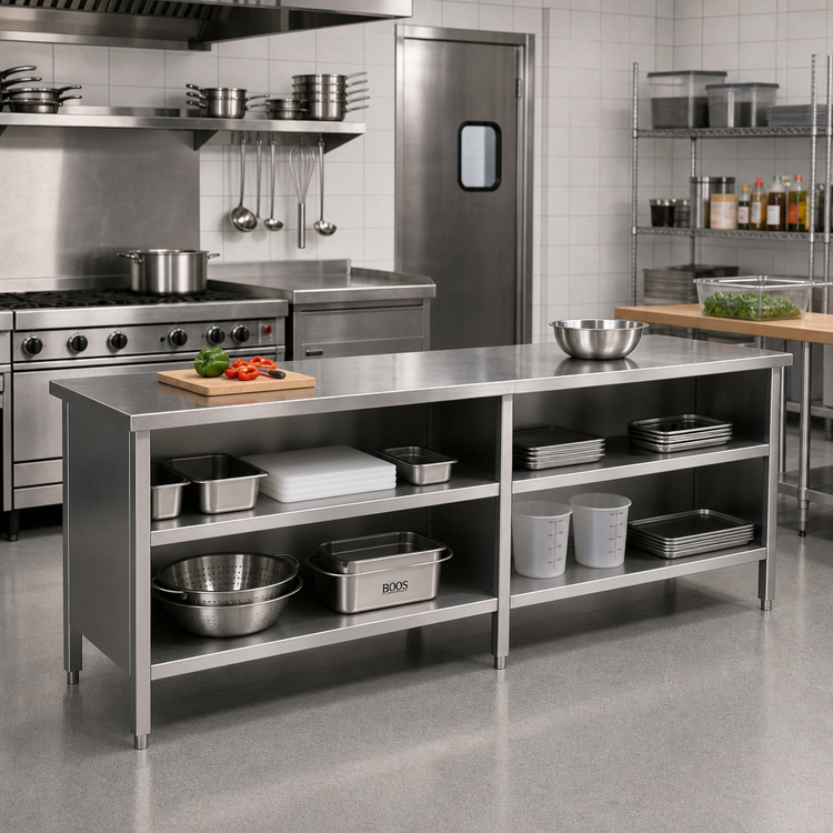 Product image #2 for John Boos Open Front Enclosed Base Stainless Steel Work Table with Undershelf, 120 x 30 Inches, 16 Gauge Top