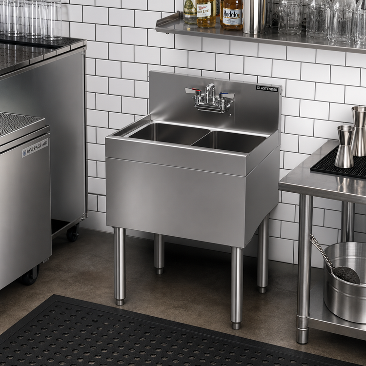 Product image #2 for Glastender Two-Compartment Underbar Sink Unit with Backsplash-Mounted Faucet, 24 x 19 Inches, Stainless Steel