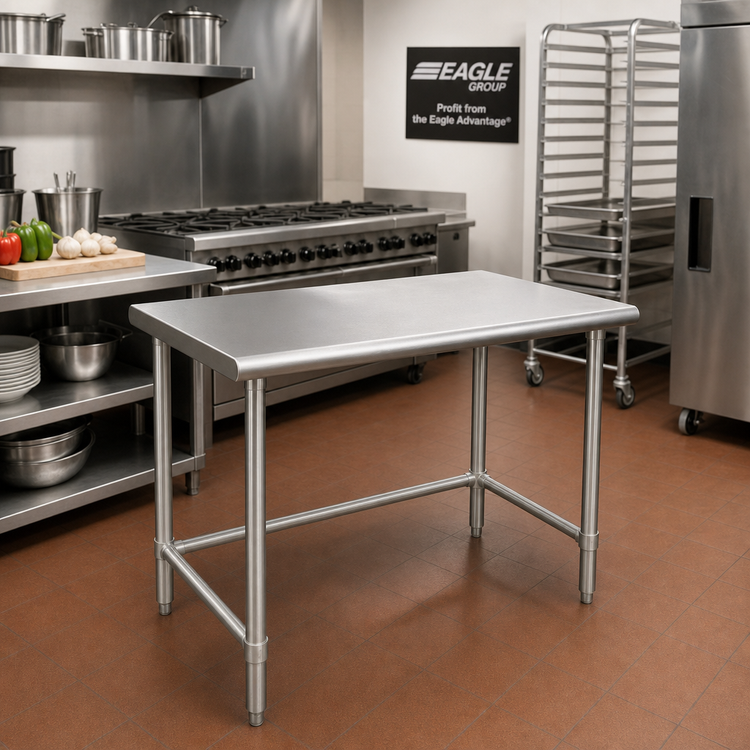 Product image #2 for Eagle Group Budget Series 48"W x 30"D 430 Stainless Steel Flat Top Work Table with Open Front Tubular Base