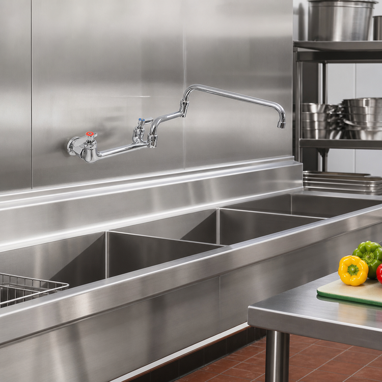 Product image #2 for Heavy-Duty Lead-Free Backsplash Mount Pre-Rinse Faucet with 18-Inch Double-Jointed Swing Spout