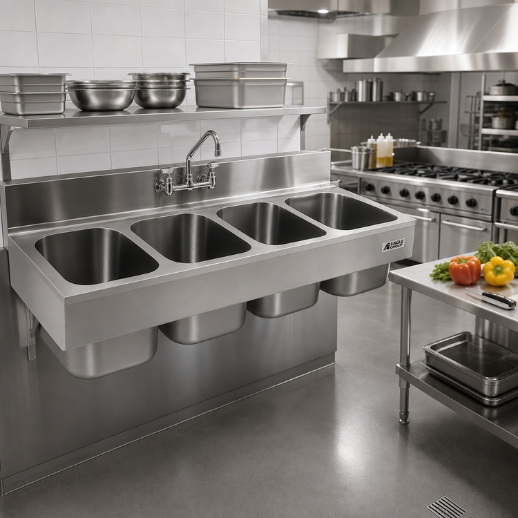 Product image #2 for Eagle Group Four-Compartment Seamless Weld-In Sink with 24" x 24" x 13-1/2" Deep Bowls