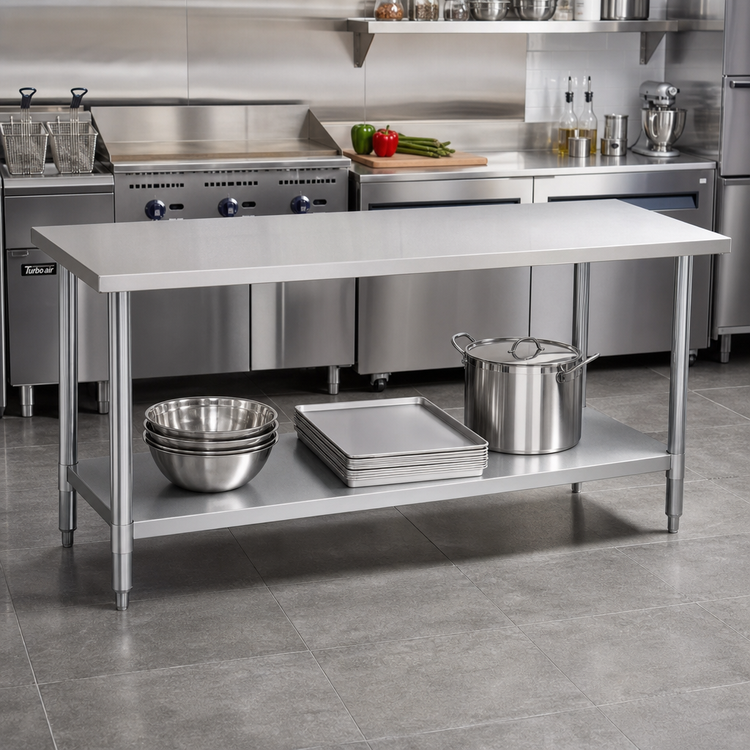 Product image #2 for Turbo Air 72 Inch x 24 Inch 18-Gauge 304 Stainless Steel Flat Top Work Table with Adjustable Undershelf