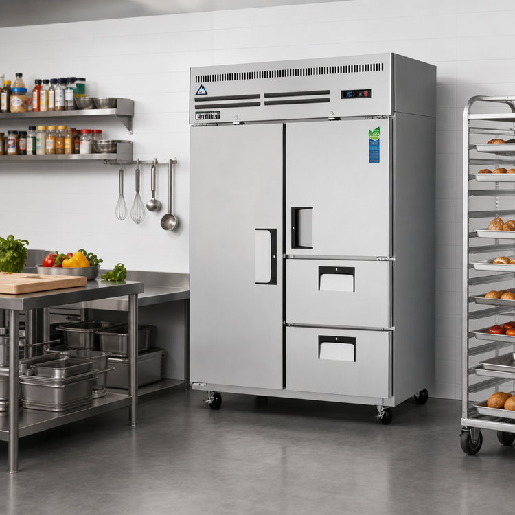 Product image #2 for Everest Refrigeration Two-Section Reach-In Refrigerator with Solid Door, Half-Door, and Drawers, 48 Cu. Ft., Top-Mounted Self-Contained