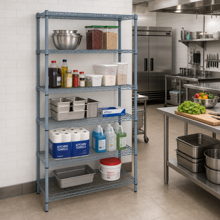 Product image #2 for Quantum Stationary Wire Shelving Starter Kit, 24"W x 18"D x 54"H, 5 Shelves, Gray Epoxy Antimicrobial Finish