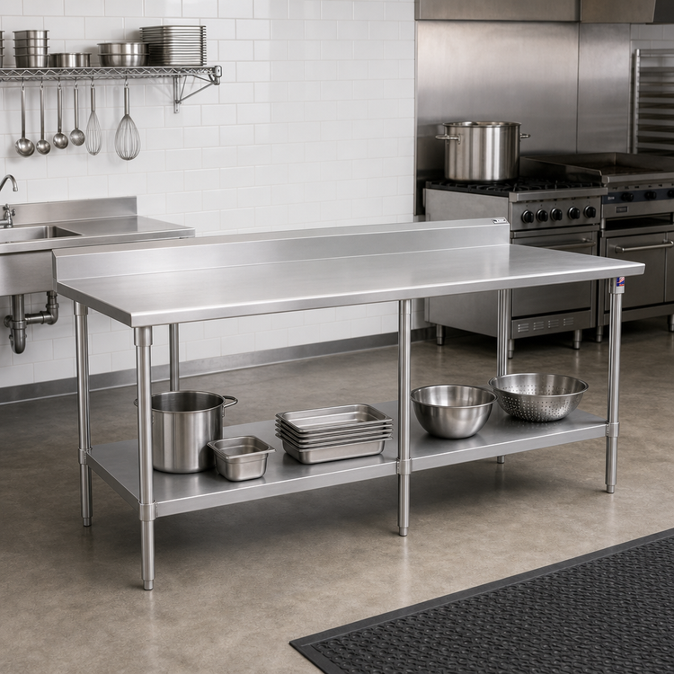 Product image #2 for John Boos Stallion 108-Inch x 24-Inch Stainless Steel Top Work Table with 5-Inch Backsplash and Undershelf