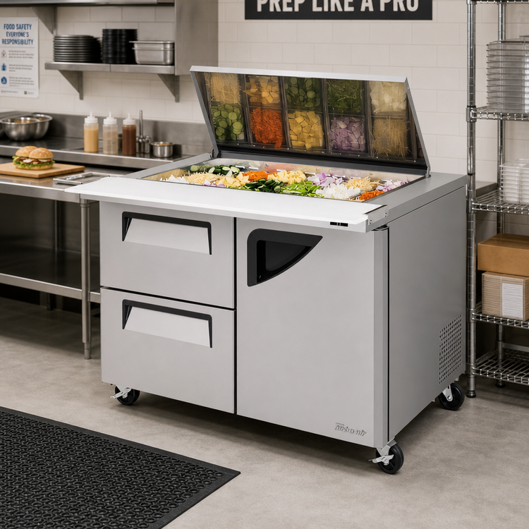 Product image #2 for Turbo Air Super Deluxe 48-1/4-Inch Wide 2-Section Mega Top Sandwich/Salad Prep Table with Flat Lid, 1 Door, 2 Drawers