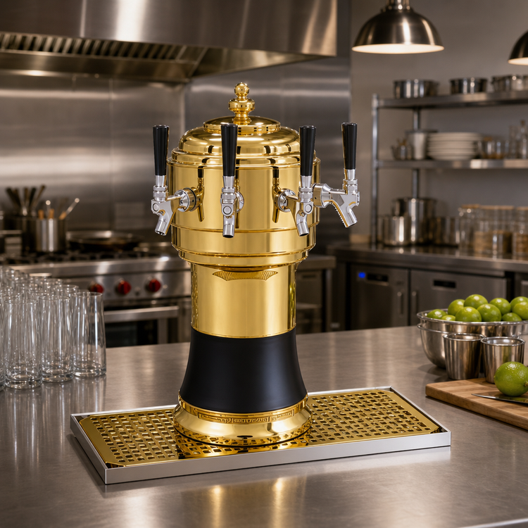 Product image #2 for Glastender Zeus 4-Faucet Countertop Draft Dispensing Tower with Surface-Mount Drain Pan, Polished Brass Finish