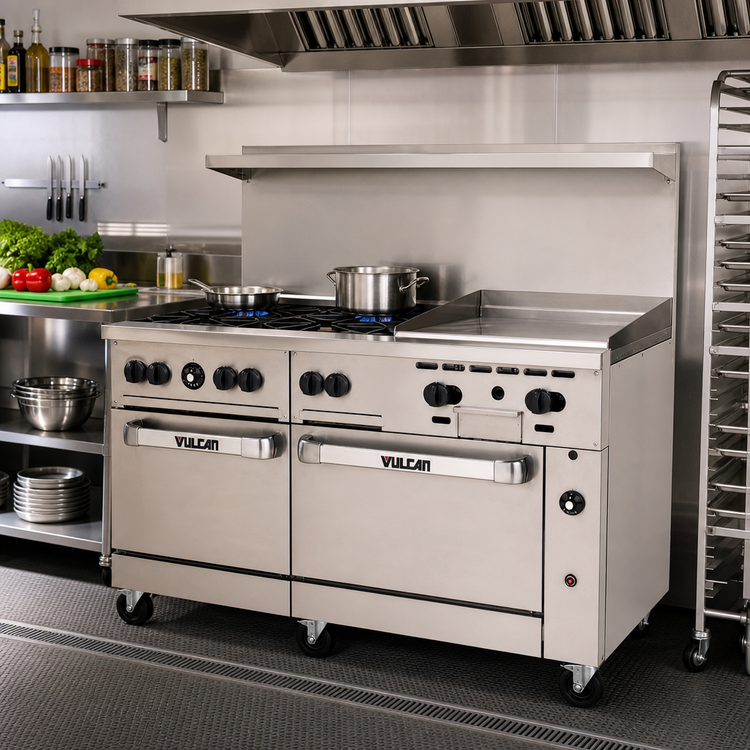 Product image #2 for Vulcan Endurance 60-Inch Gas Restaurant Range with 6 Open Burners, 24-Inch Manual Griddle, Standard Oven and Convection Oven