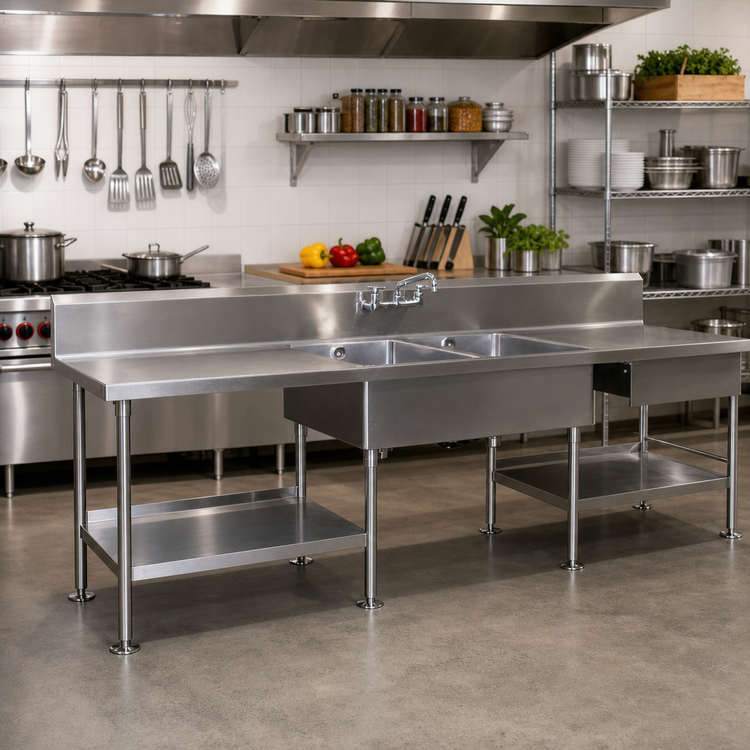 Product image #2 for Spec-Master SMPT30144 144 Inch Two-Sink Marine Stainless Steel Prep Table with Faucet