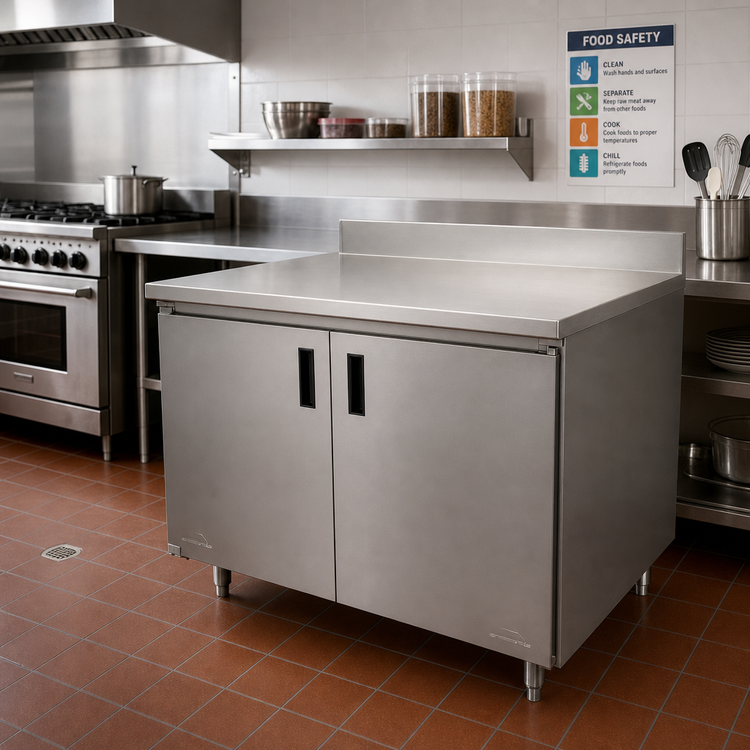 Product image #2 for Advance Tabco Special Value Economy Enclosed Stainless Steel Work Table with Sliding Doors and 5-Inch Backsplash