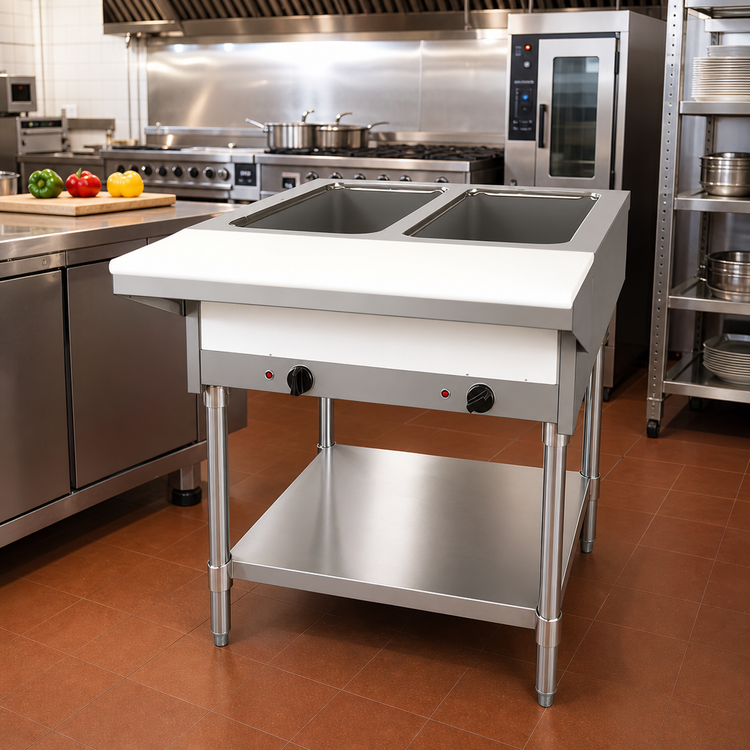 Product image #2 for Omcan Stainless Steel Open Well Electric Steam Table with Cutting Board and Undershelf, 30-Inch, 2-Pan Capacity