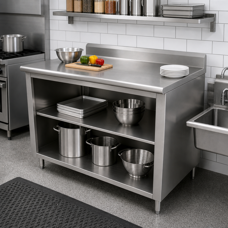 Product image #2 for Advance Tabco 84-Inch x 24-Inch 14-Gauge 304 Stainless Steel Work Table with Open Front Cabinet Base, Mid-Shelf, and 5-Inch Backsplash