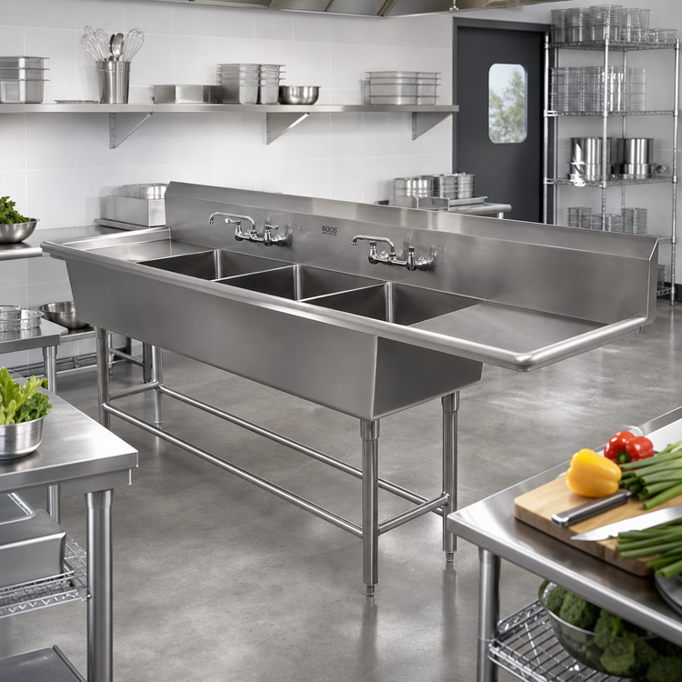 Product image #2 for John Boos Pro-Bowl 4-Compartment Sink with 24-Inch Right Drainboard, 20-Inch Bowls, 12-Inch Deep