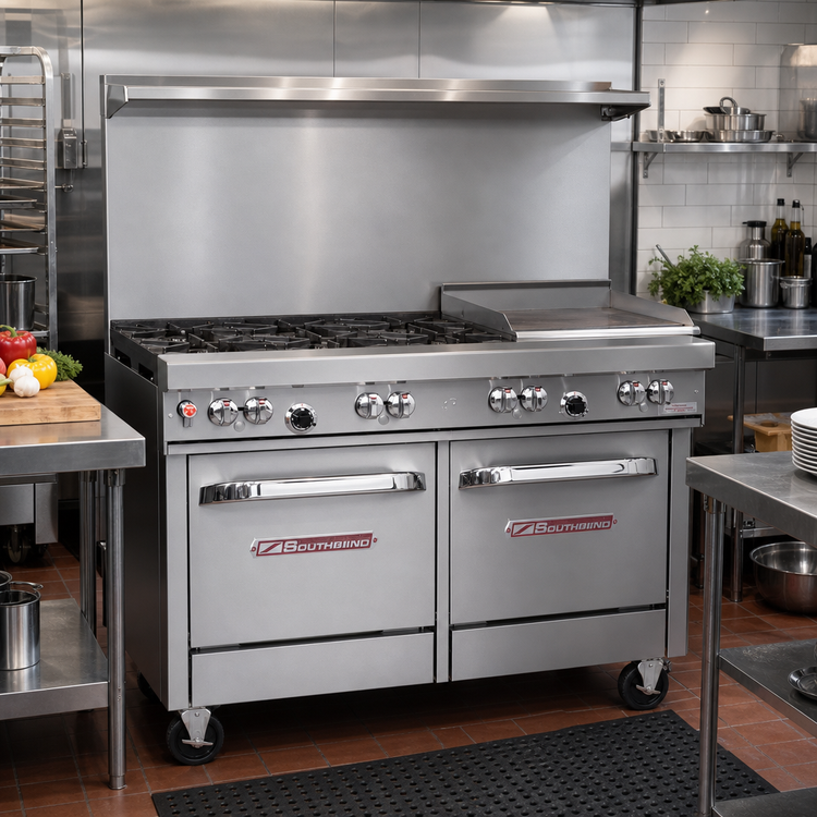 Product image #2 for Southbend Ultimate 48-Inch Gas Restaurant Range with 4 Star/Sauté Burners, Right 24-Inch Griddle, Convection Oven, and Cabinet Base