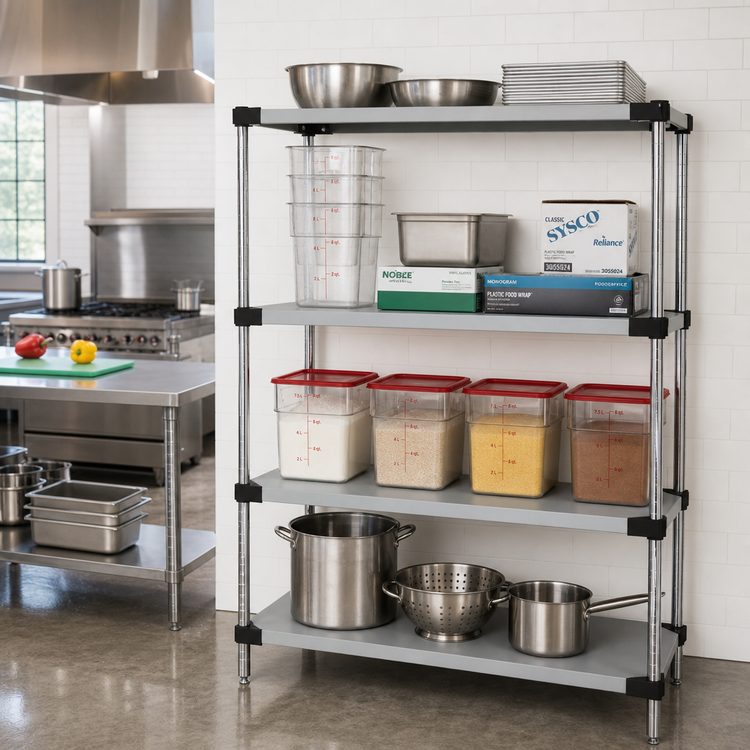 Product image #2 for Quantum 4-Shelf Stationary Solid Stainless Steel Shelving Starter Kit, 48"W x 21"D x 86"H