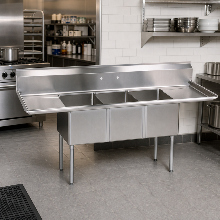 Product image #2 for BK Resources 108-Inch Three-Compartment Stainless Steel Sink with Left and Right Drainboards