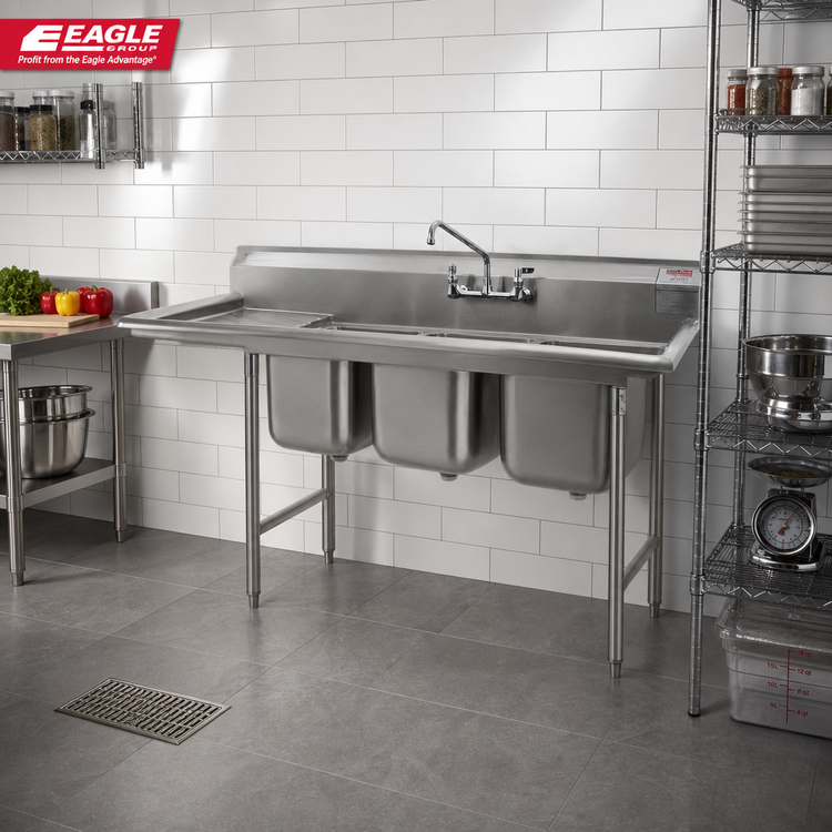 Product image #2 for Eagle Group 414 Series Coved Corner Three-Compartment Stainless Steel Sink with 18-Inch Left Drainboard