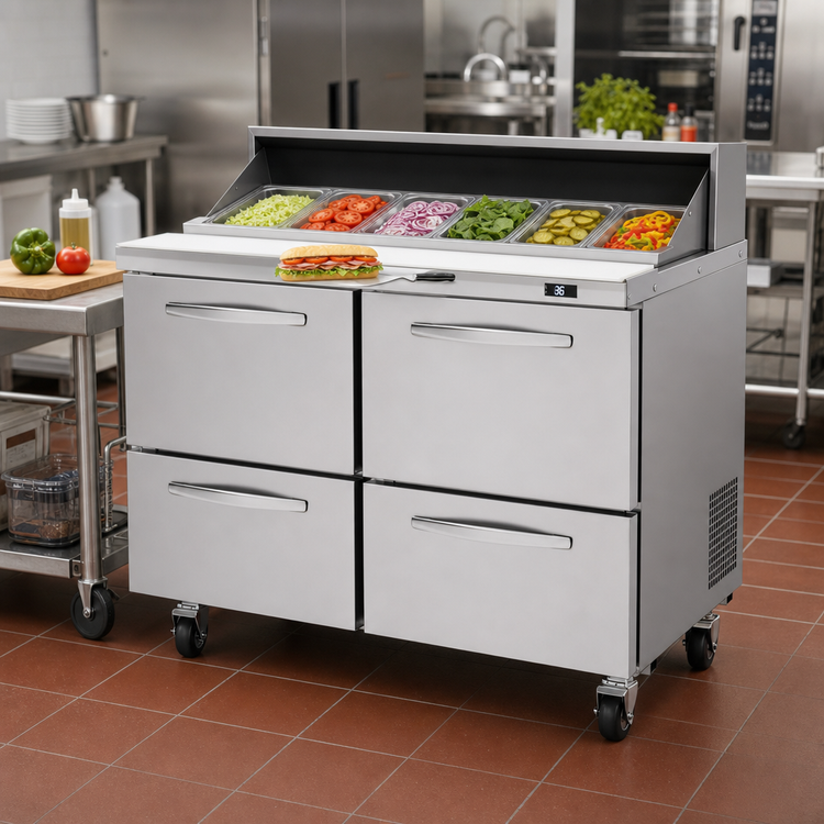 Product image #2 for Turbo Air PRO 48-1/4 Inch Two-Section Sandwich/Salad Prep Table with 4 Drawers and 12-Pan Top